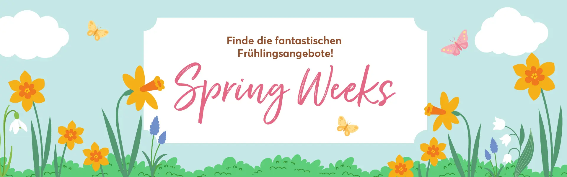 Ein Vogel von rechts, Biene und Marinenkäfer von links, frische Blumen und Blätter kündigen den Frühling mit einem Werbebanner mittig an: "Jetzt blühende Deals entdecken. Spring Weeks"