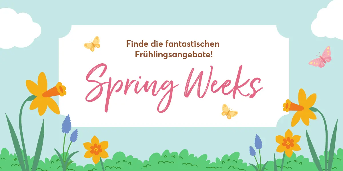 Ein Vogel von rechts, eine Biene von links, frische Blumen und Blätter kündigen den Frühling mit einem Werbebanner mittig an: "Jetzt blühende Deals entdecken. Spring Weeks"