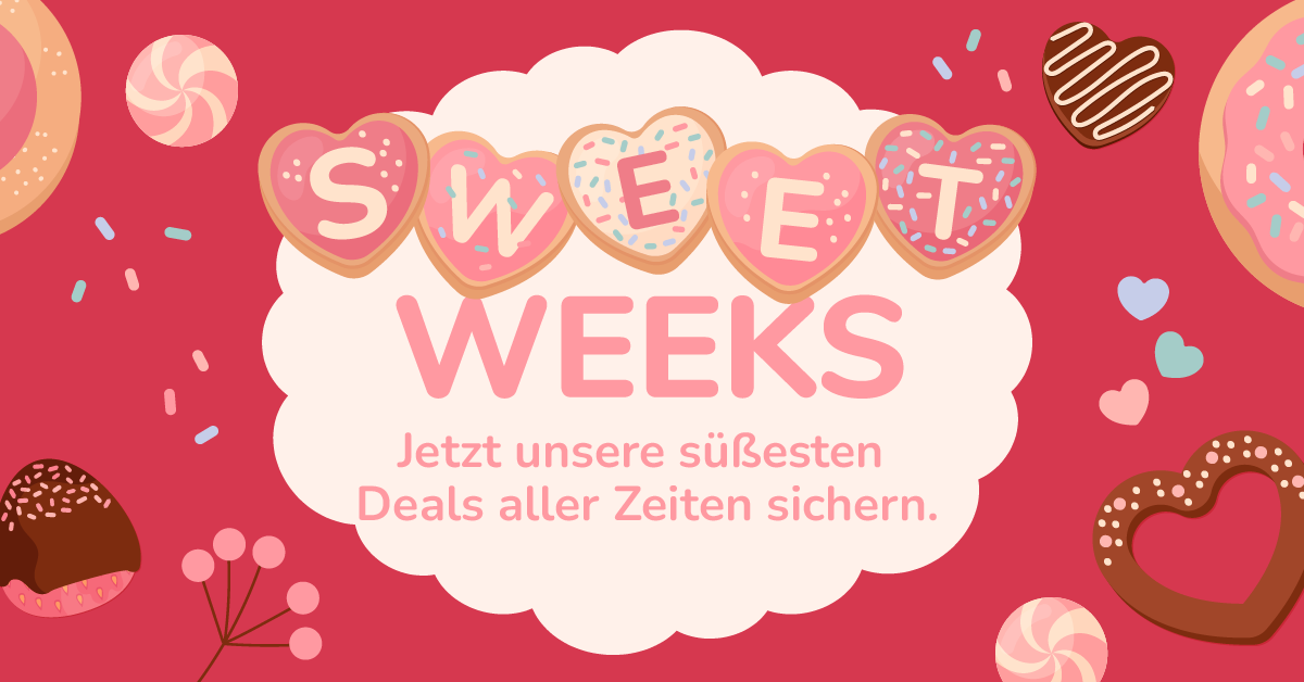 Umgeben von Donuts, Bonbons und bunten Blättern steht mittig auf Herz-Plätzchen geschrieben: "Sweet weeks"