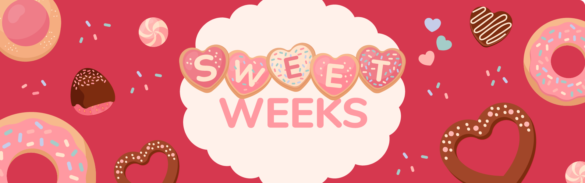 Umgeben von Donuts, Bonbons und bunten Blättern steht mittig auf Herz-Plätzchen geschrieben: "Sweet weeks"