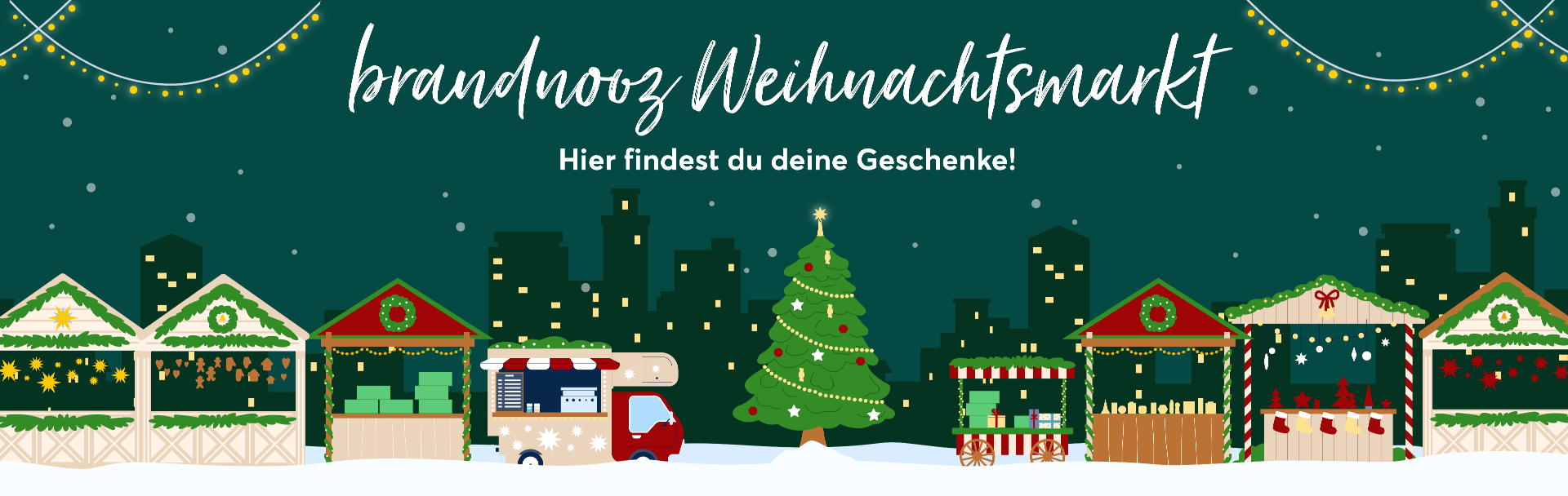 Das Bild zeigt einige Weihnachtsstände, einen Weihnachtsbaum, im Hintergrund die Skyline einer Stand und mittig den Schriftzug: "brandnooz Weihnachtsmarkt - hier findest du deine Geschenke"