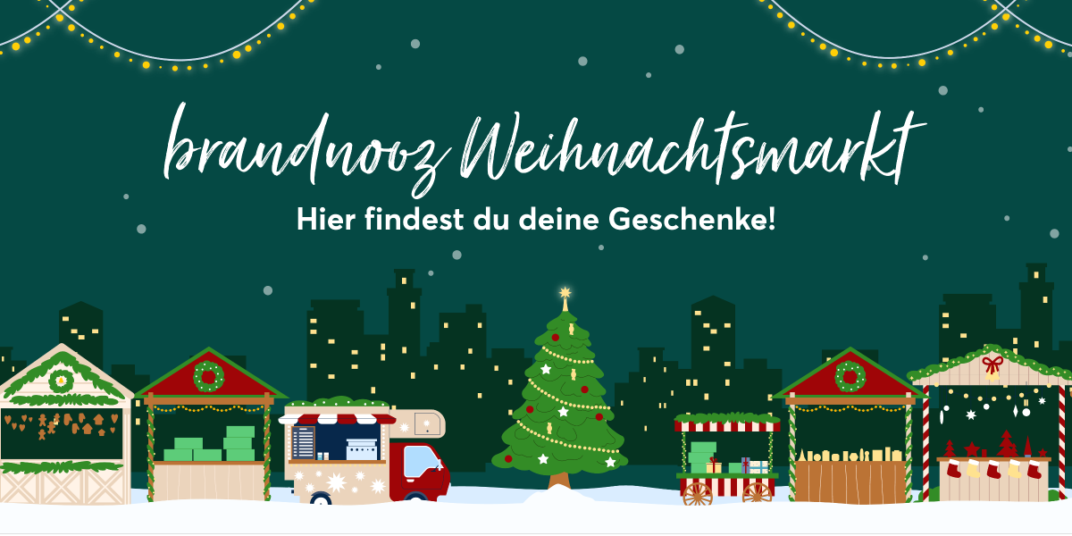 Das Bild zeigt einige Weihnachtsstände, einen Weihnachtsbaum, im Hintergrund die Skyline einer Stand und mittig den Schriftzug: "brandnooz Weihnachtsmarkt - hier findest du deine Geschenke"